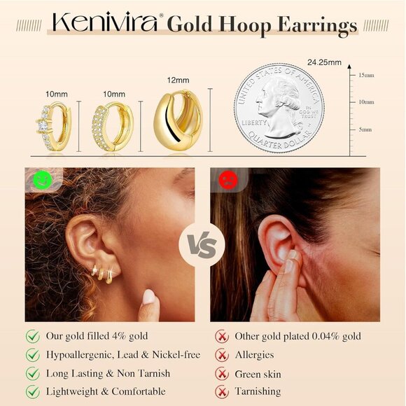 Gold Hoop Earrings Set for Women - 14K Gold Plated Small Hoops, Chunky Thick Ear - Picture 5 of 9